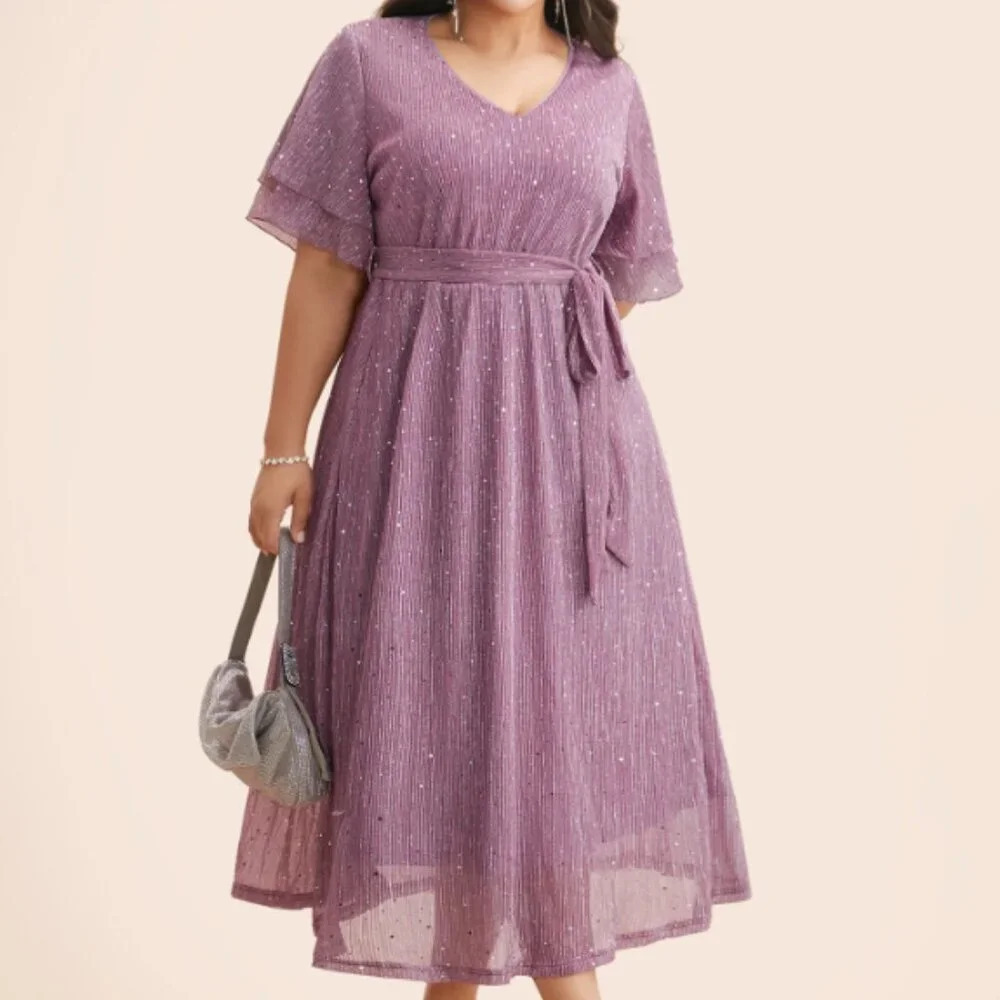 BloomChic plus size Plain V Neck Mesh Pocket Ruffle Tiered Belted Midi Dress